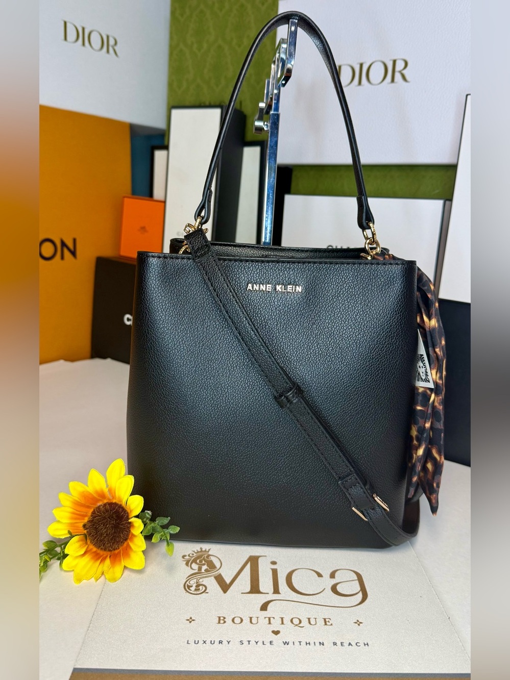 🆕ANNE KLEIN Black Pebbled Leather Shoulder Bag with Scarf Accent - Picture 16 of 16